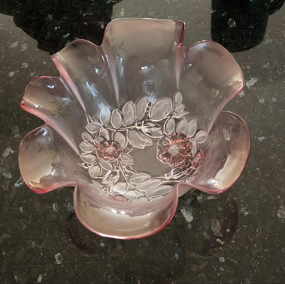 Vintage Mikasa Rosella Crystal Pink Frosted W/Ruffled Rim EUC